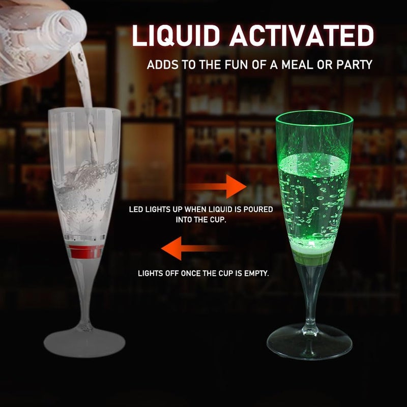 HOMEYA LED Champagne Flutes (Set of 6 Multi-Color), Water Liquid Activated Light Up Cups Flashing Wine Glasses Blinking Cocktail Whisky Drinkware Glow Dark for Christmas Halloween Party Wedding Gifts - Image 4